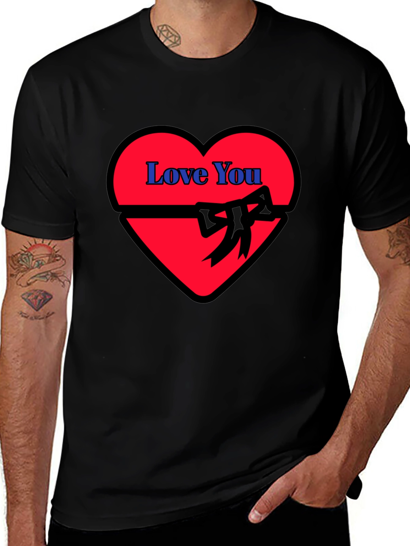 Love You Heart Ribbon Graphic Black T-Shirt