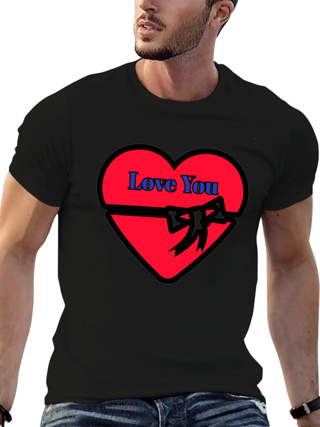 Love You Heart Ribbon Graphic Black T-Shirt
