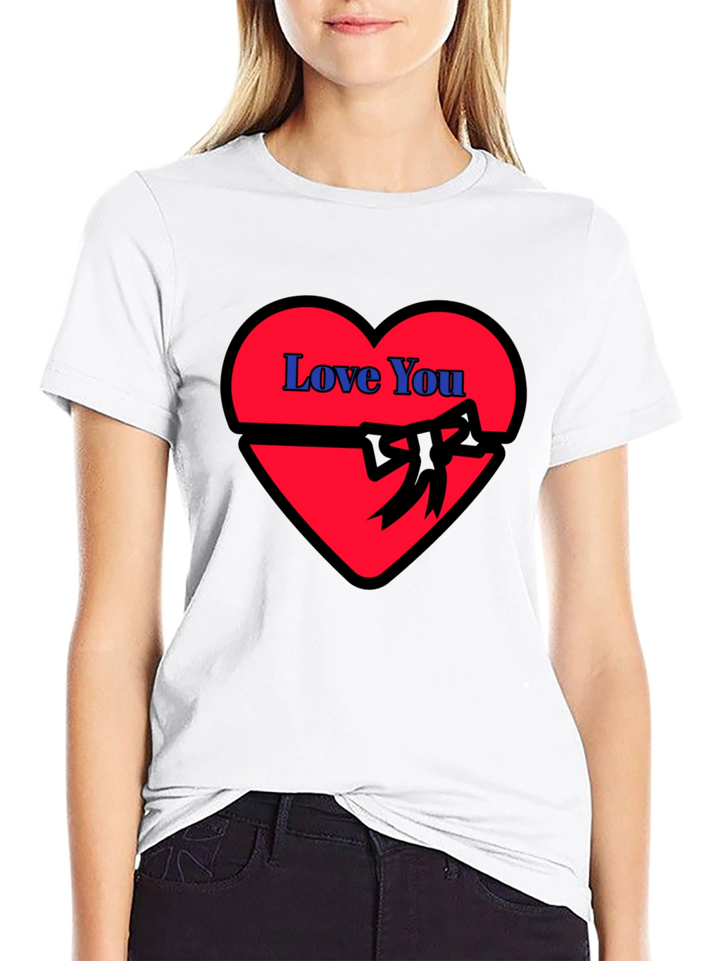 Love You Heart Ribbon Graphic Black T-Shirt