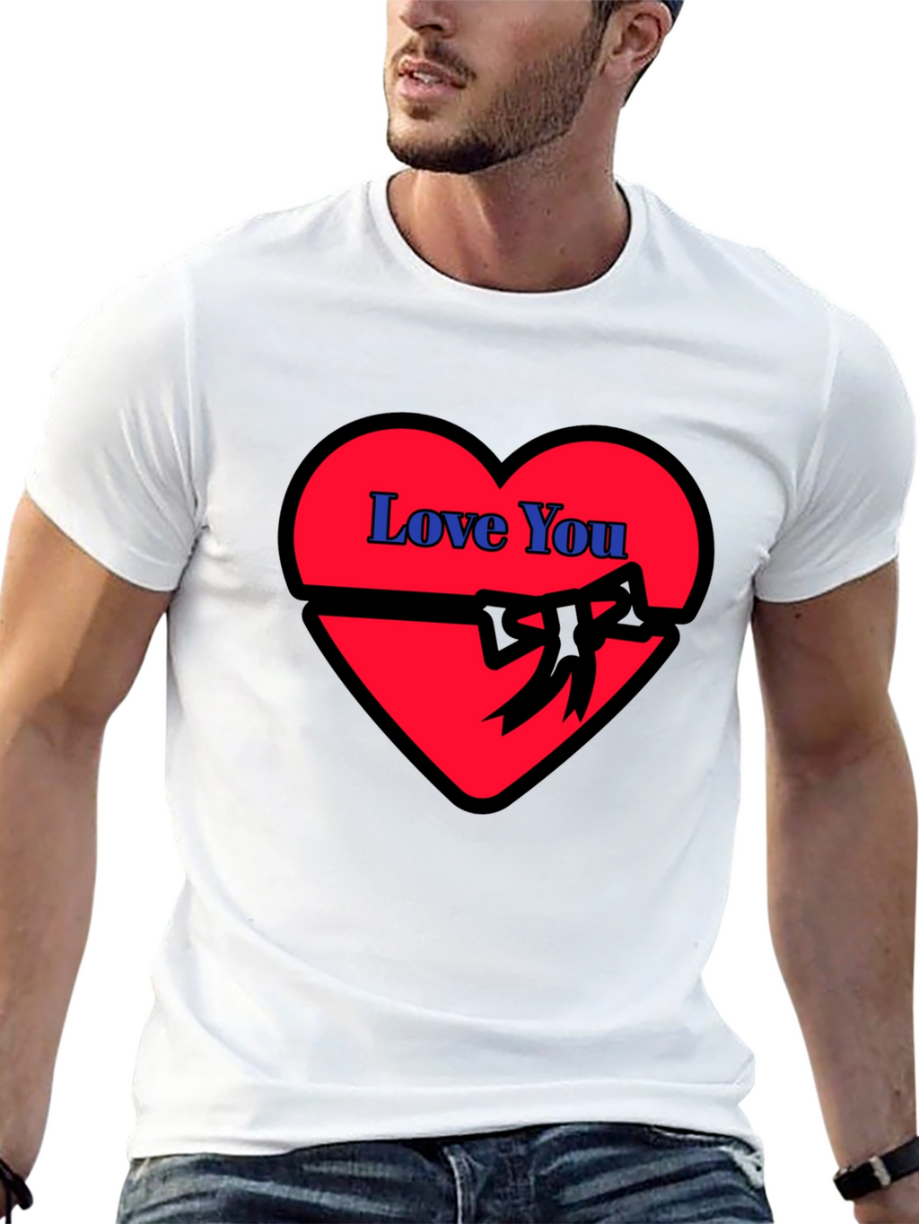 Love You Heart Ribbon Graphic Black T-Shirt