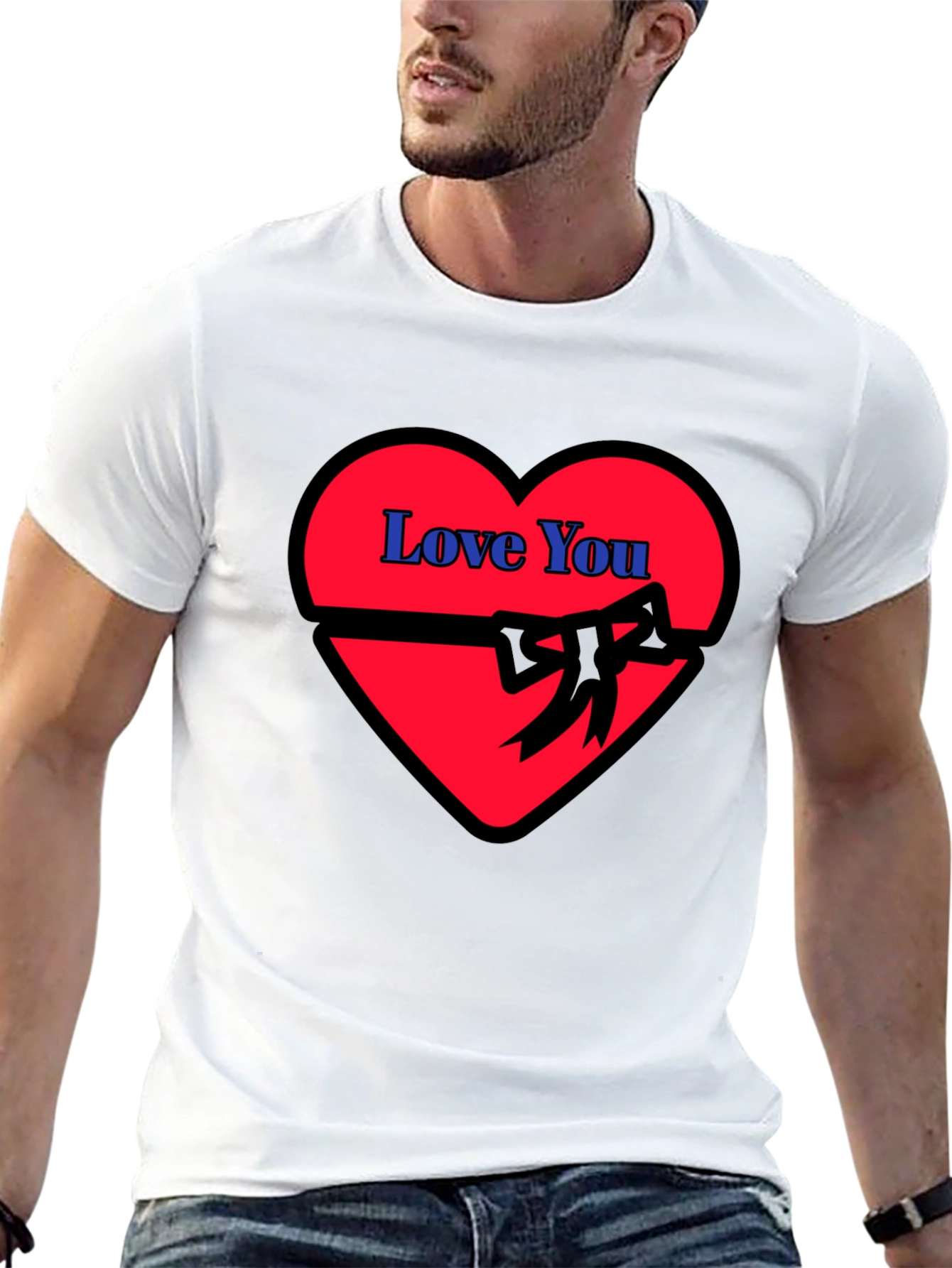 Love You Heart Ribbon Graphic Black T-Shirt