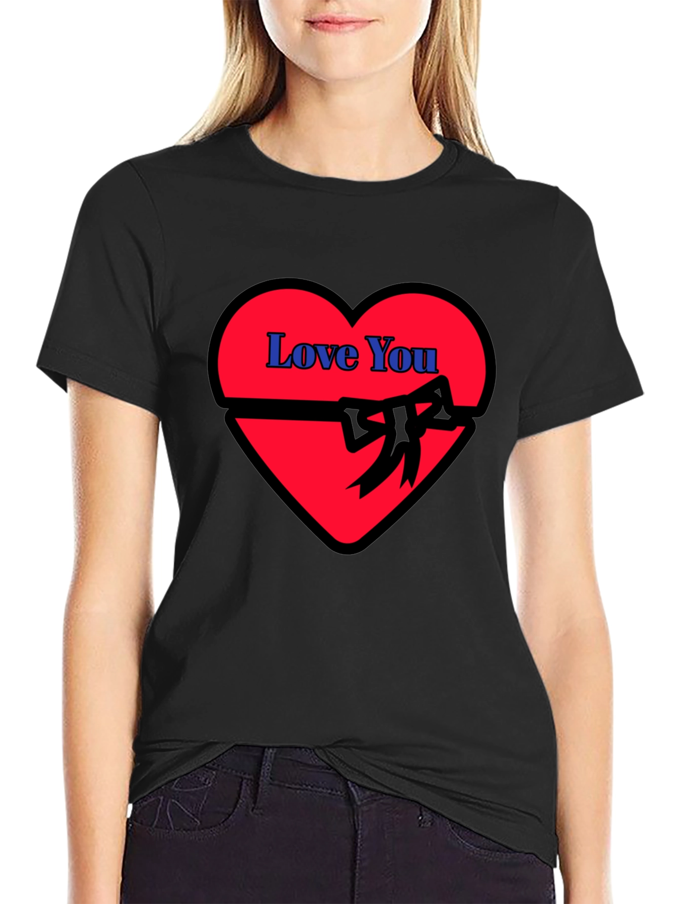 Love You Heart Ribbon Graphic Black T-Shirt