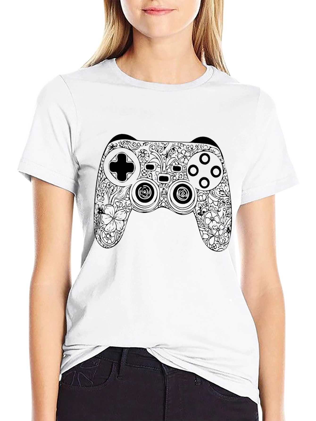 Floral Game Controller Graphic Black T-Shirt