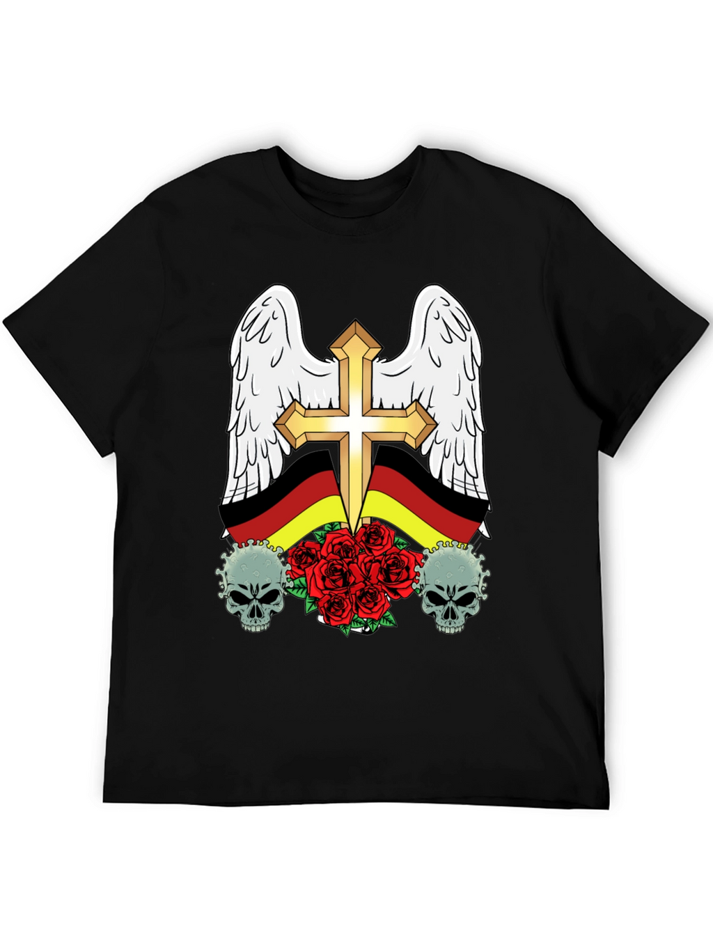 Edgy German Flag Wings Cross Rose Skull T-Shirt