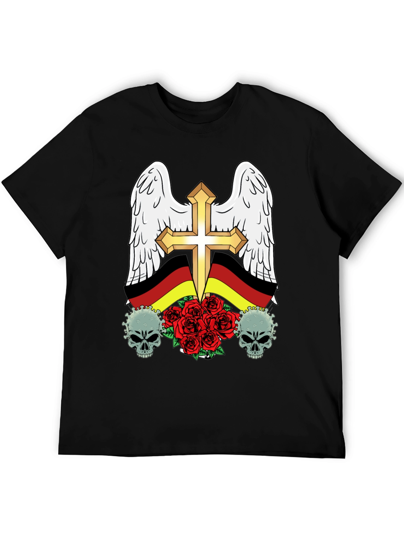 Edgy German Flag Wings Cross Rose Skull T-Shirt