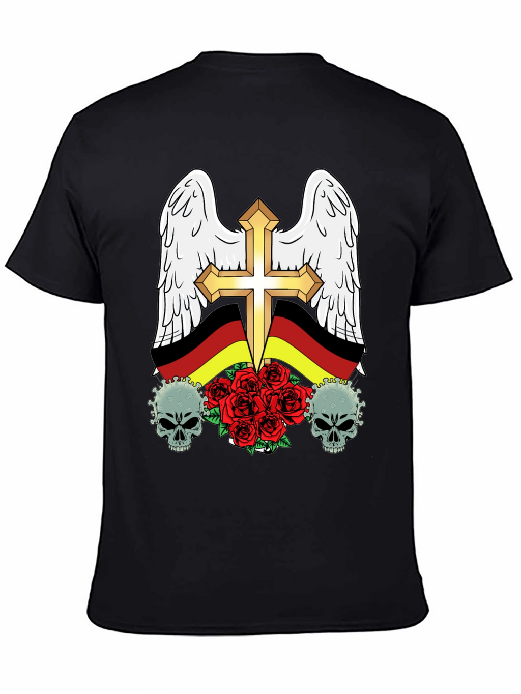 Edgy German Flag Wings Cross Rose Skull T-Shirt