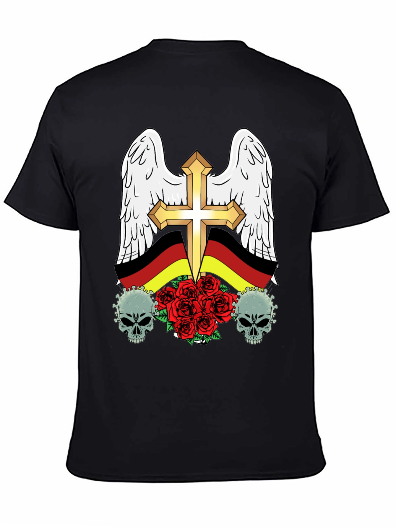 Edgy German Flag Wings Cross Rose Skull T-Shirt