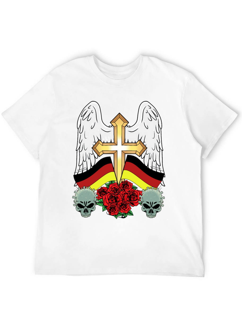 Edgy German Flag Wings Cross Rose Skull T-Shirt
