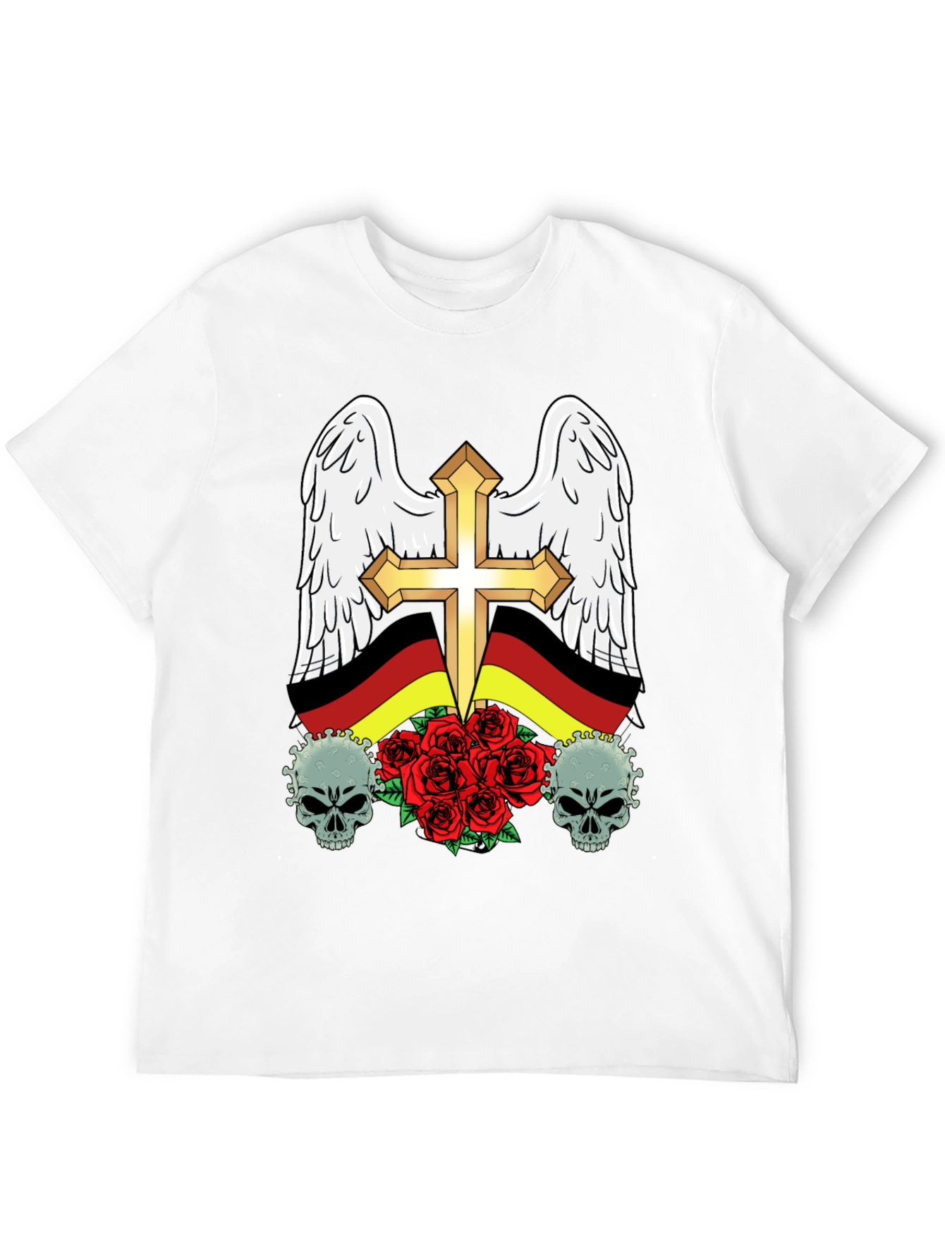 Edgy German Flag Wings Cross Rose Skull T-Shirt