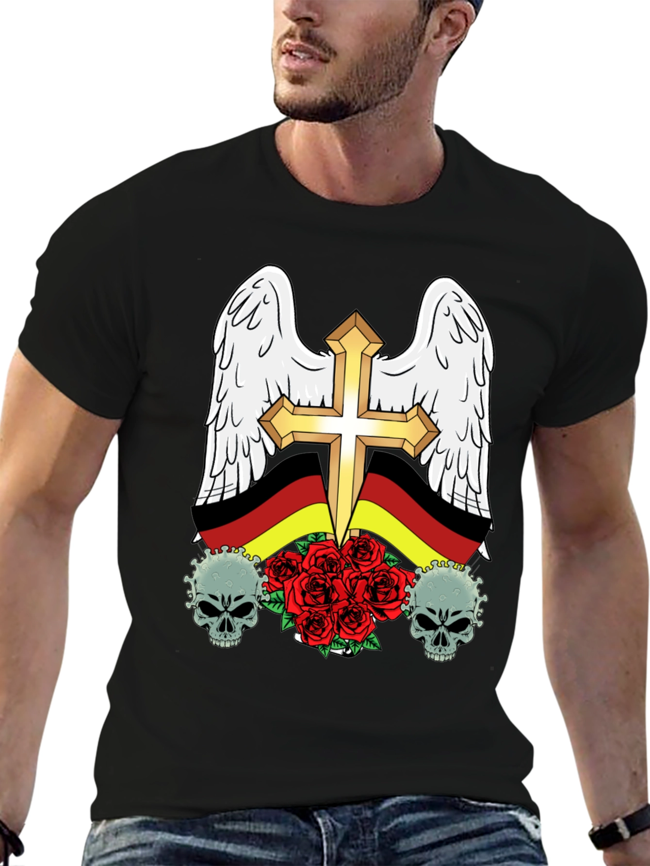 Edgy German Flag Wings Cross Rose Skull T-Shirt