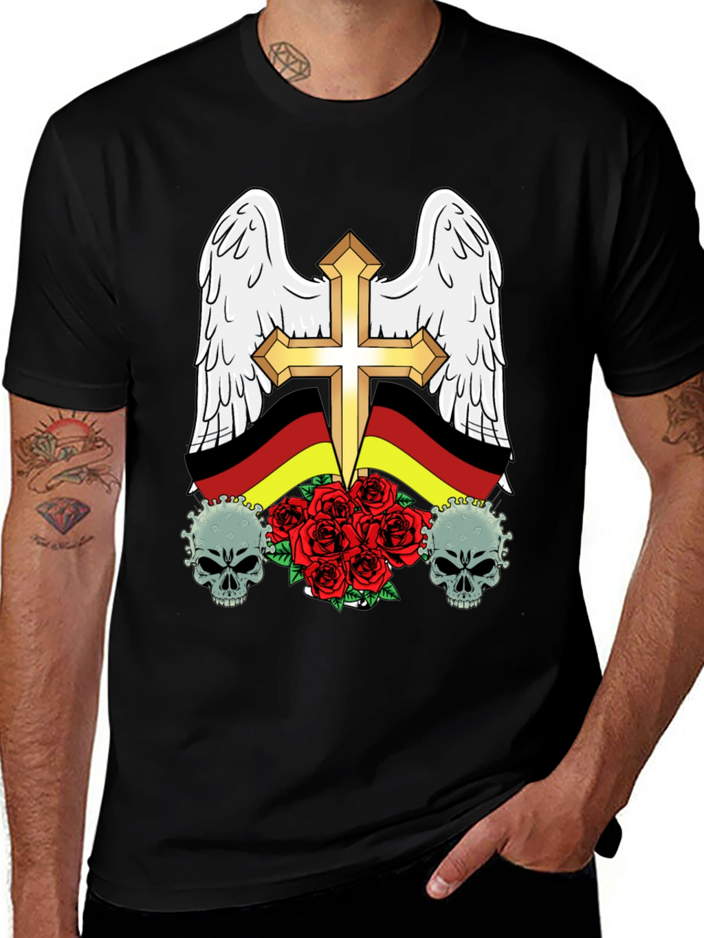 Edgy German Flag Wings Cross Rose Skull T-Shirt