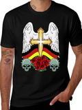 Edgy German Flag Wings Cross Rose Skull T-Shirt