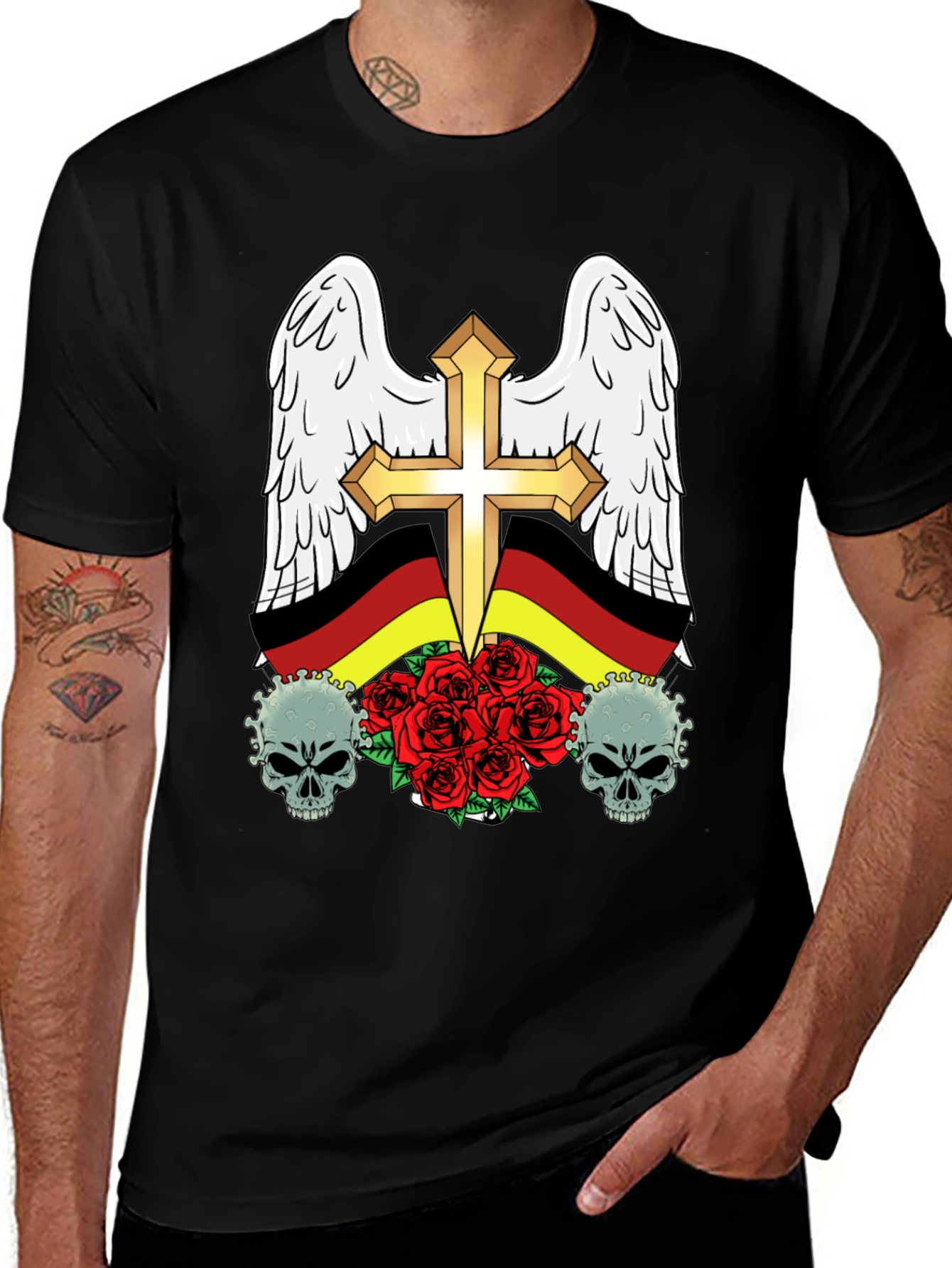 Edgy German Flag Wings Cross Rose Skull T-Shirt