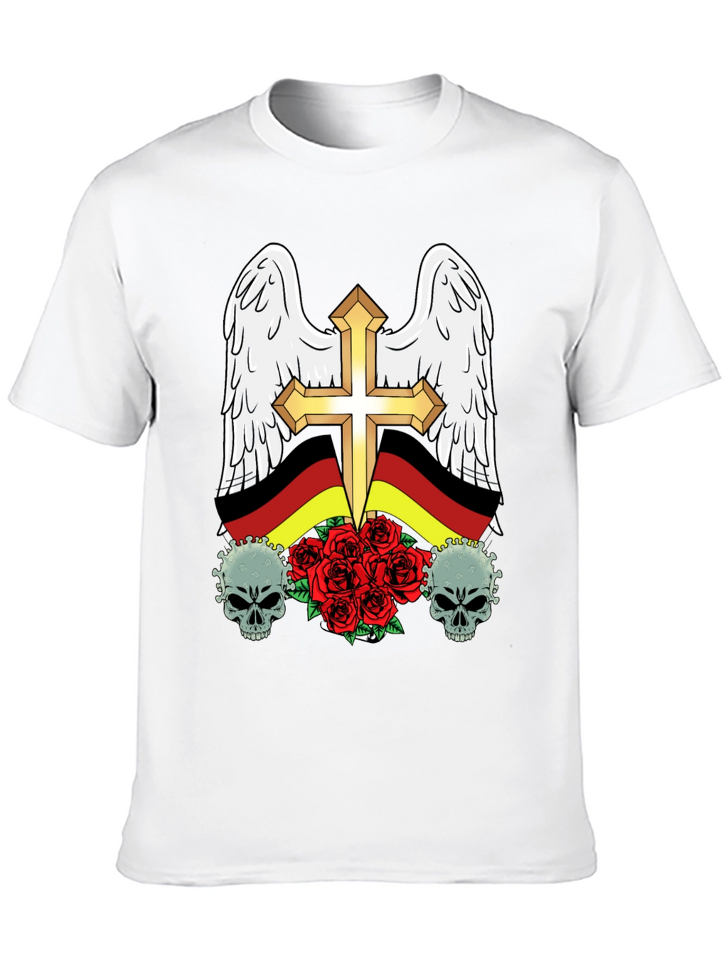 Edgy German Flag Wings Cross Rose Skull T-Shirt