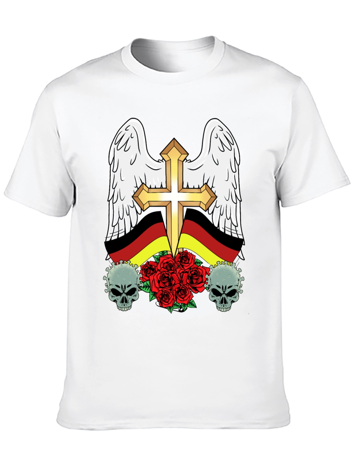 Edgy German Flag Wings Cross Rose Skull T-Shirt