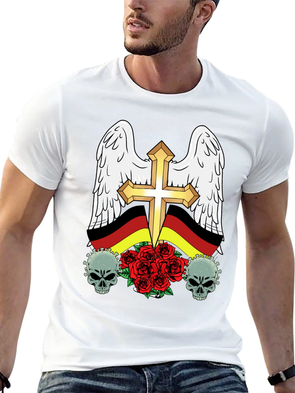Edgy German Flag Wings Cross Rose Skull T-Shirt