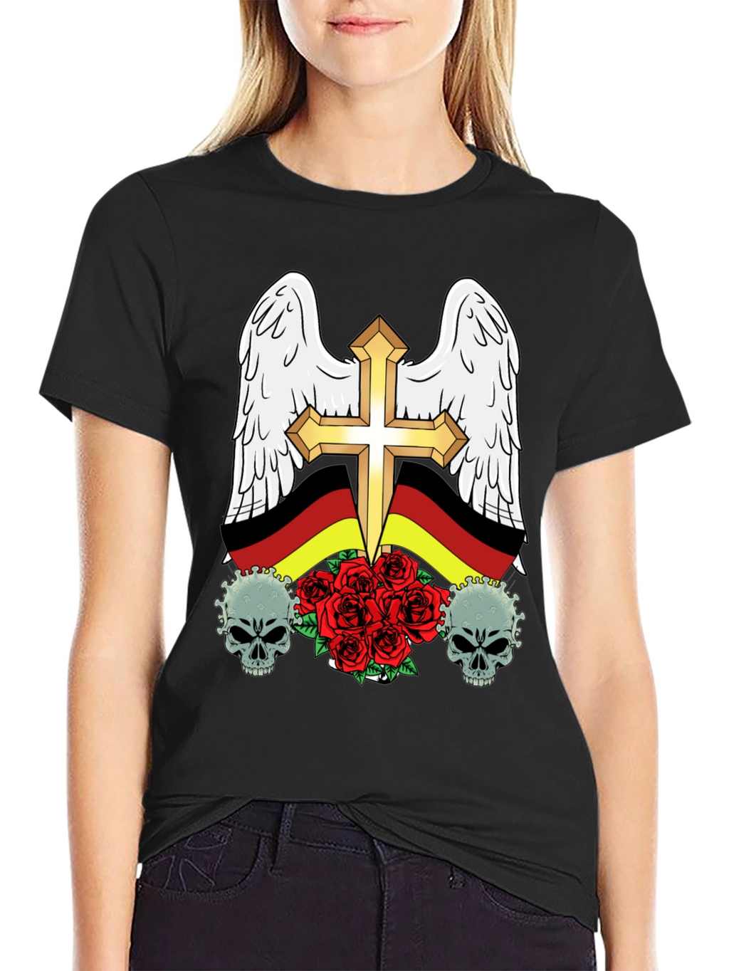 Edgy German Flag Wings Cross Rose Skull T-Shirt