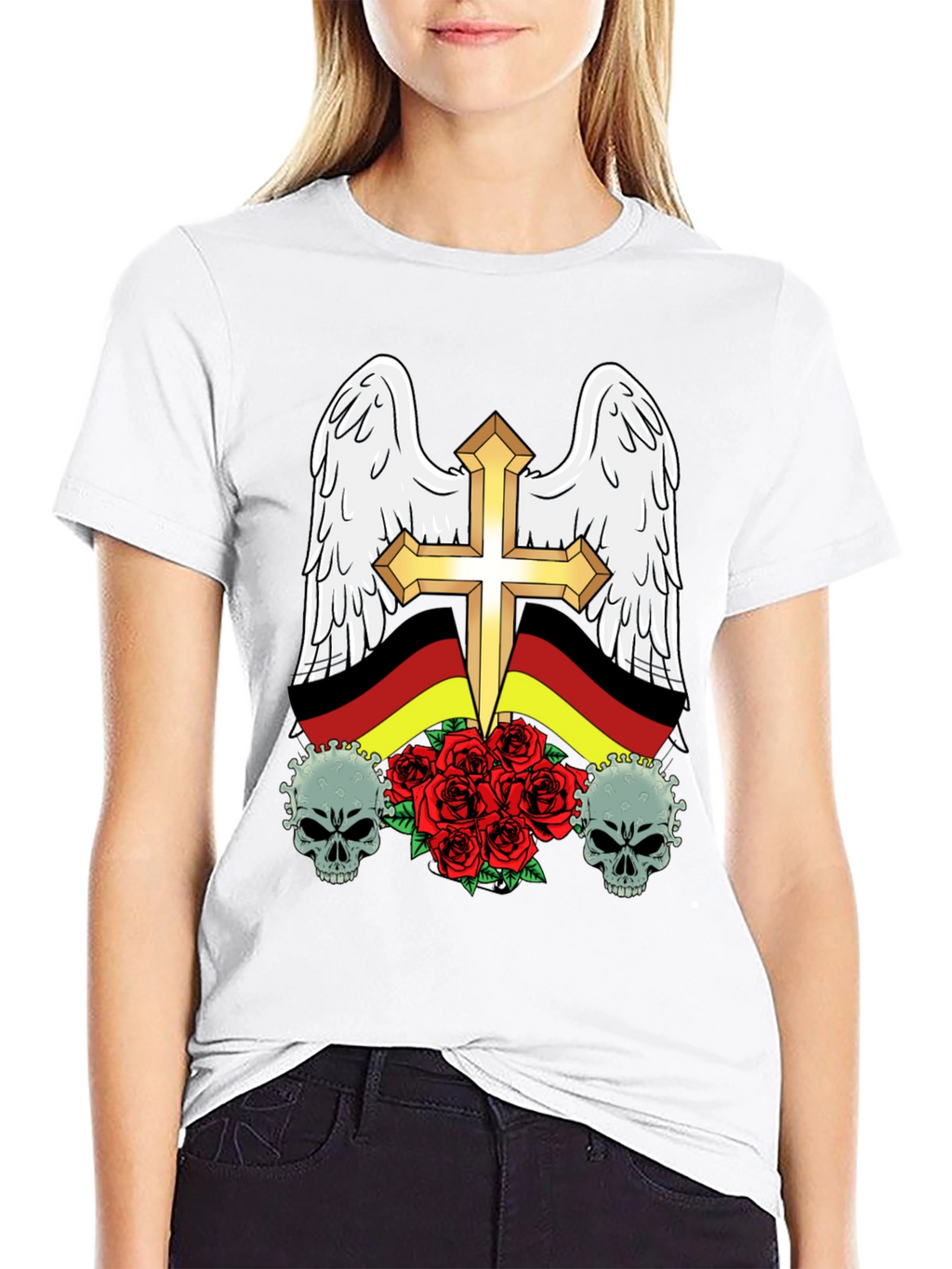 Edgy German Flag Wings Cross Rose Skull T-Shirt
