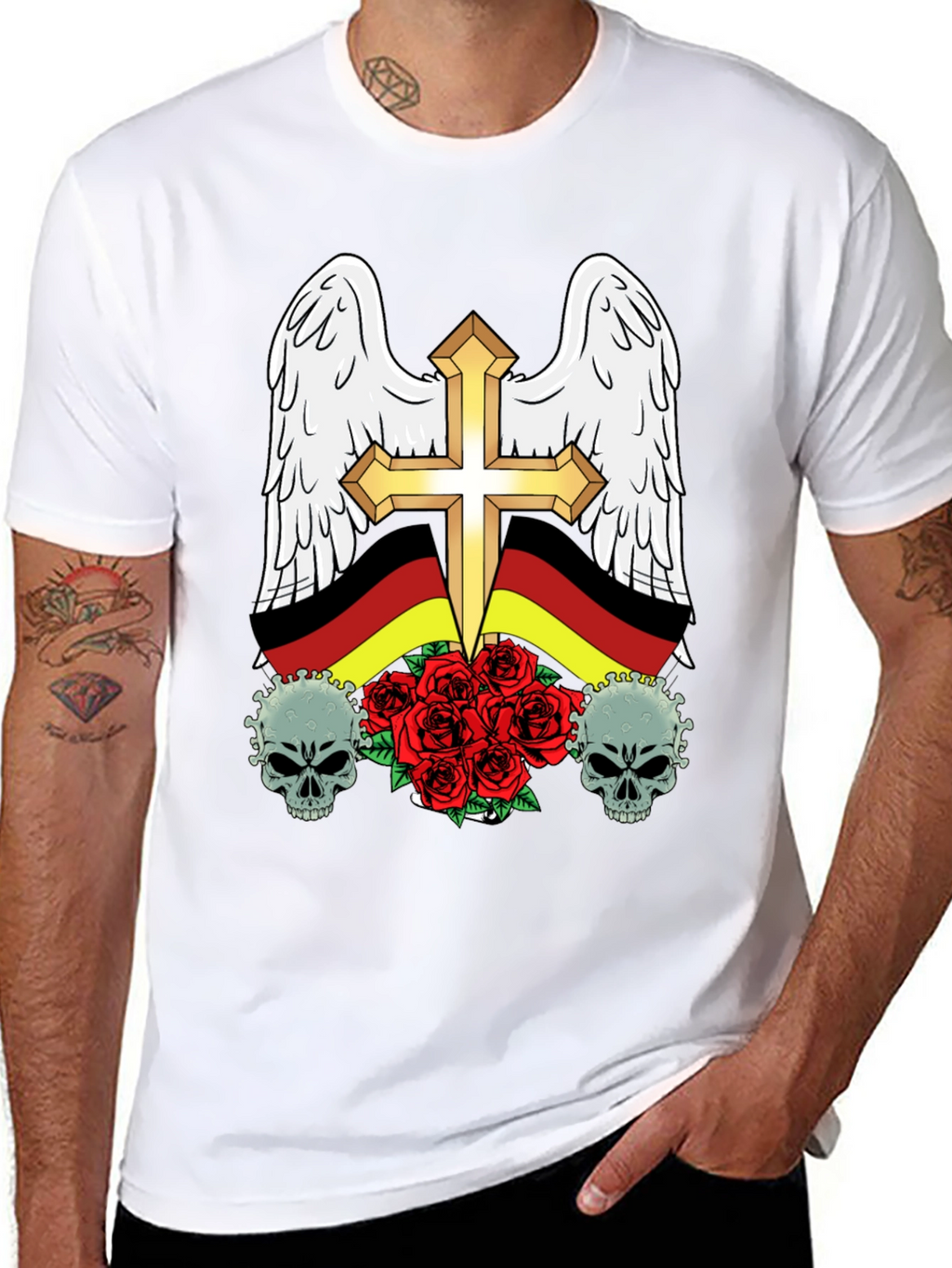 Edgy German Flag Wings Cross Rose Skull T-Shirt