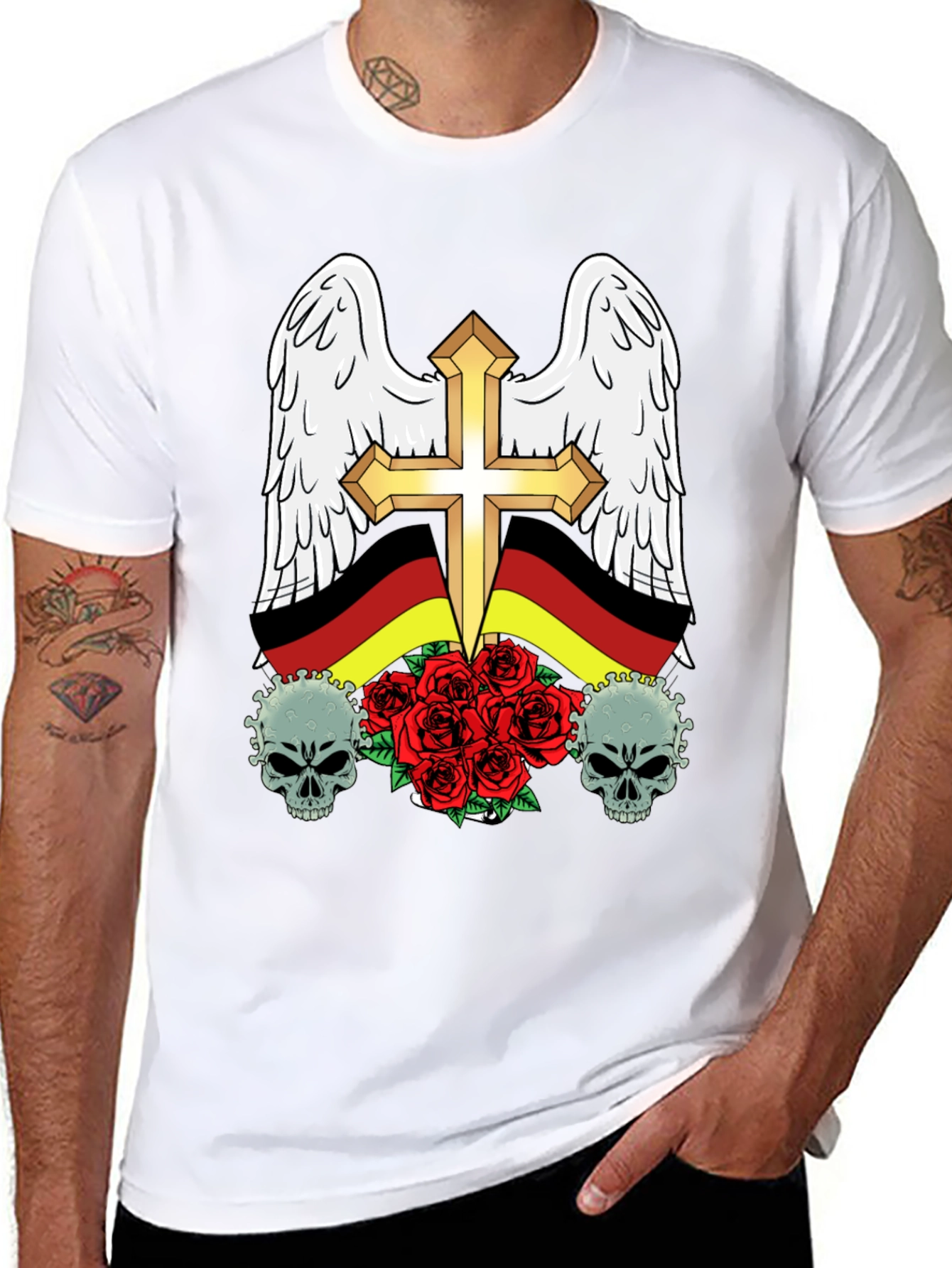 Edgy German Flag Wings Cross Rose Skull T-Shirt