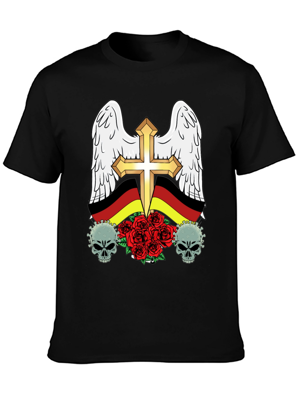 Edgy German Flag Wings Cross Rose Skull T-Shirt