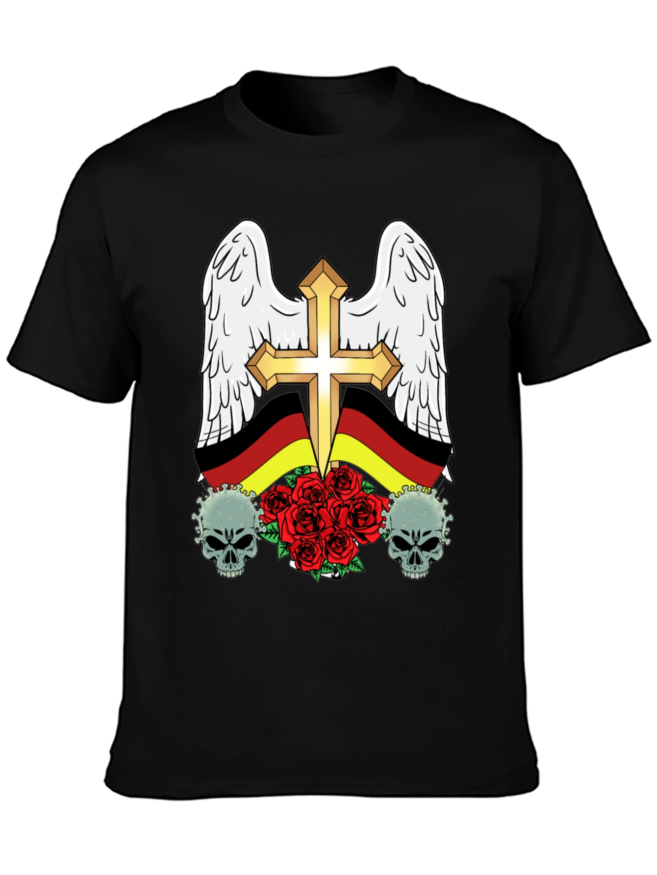 Edgy German Flag Wings Cross Rose Skull T-Shirt