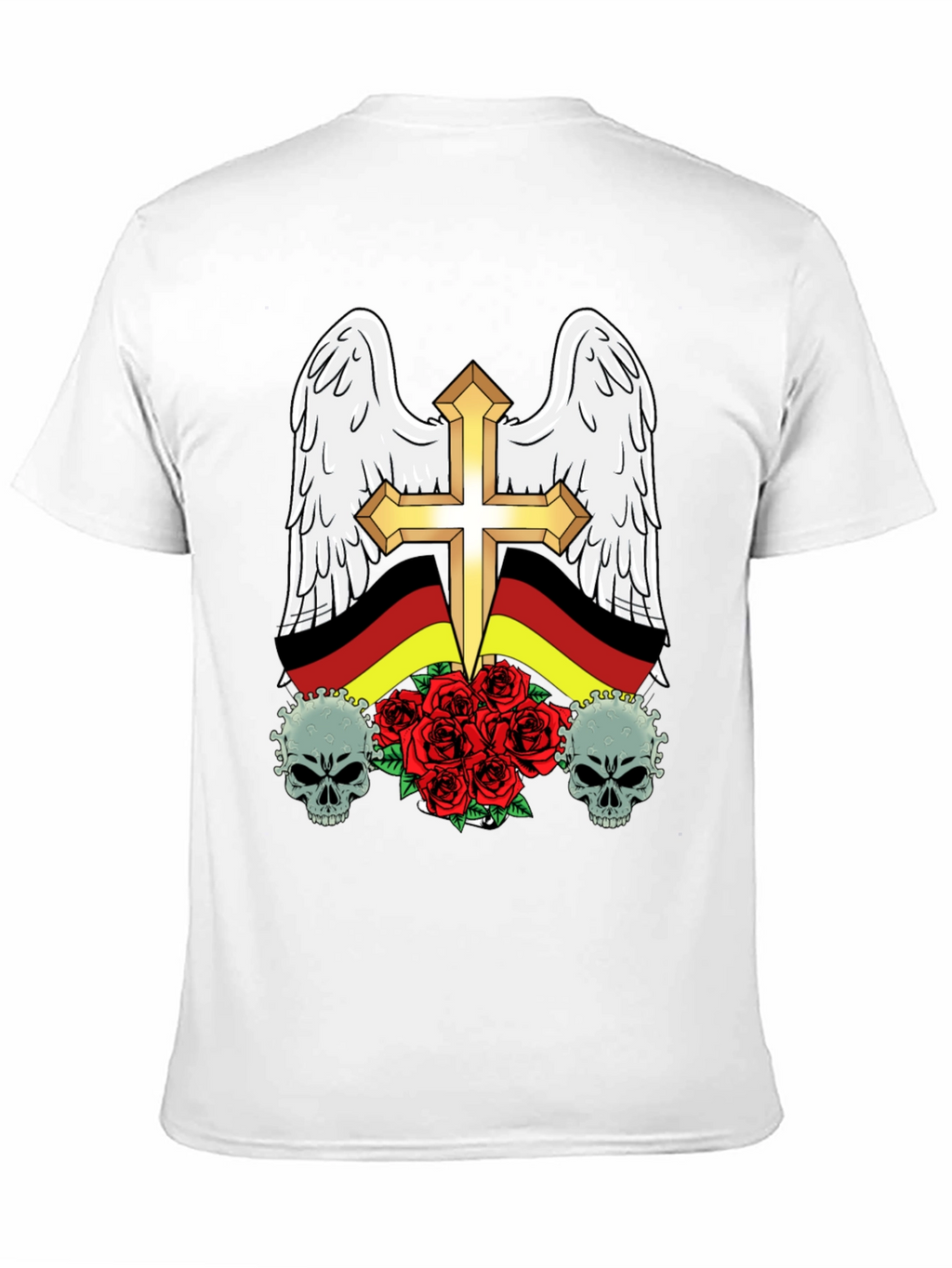Edgy German Flag Wings Cross Rose Skull T-Shirt