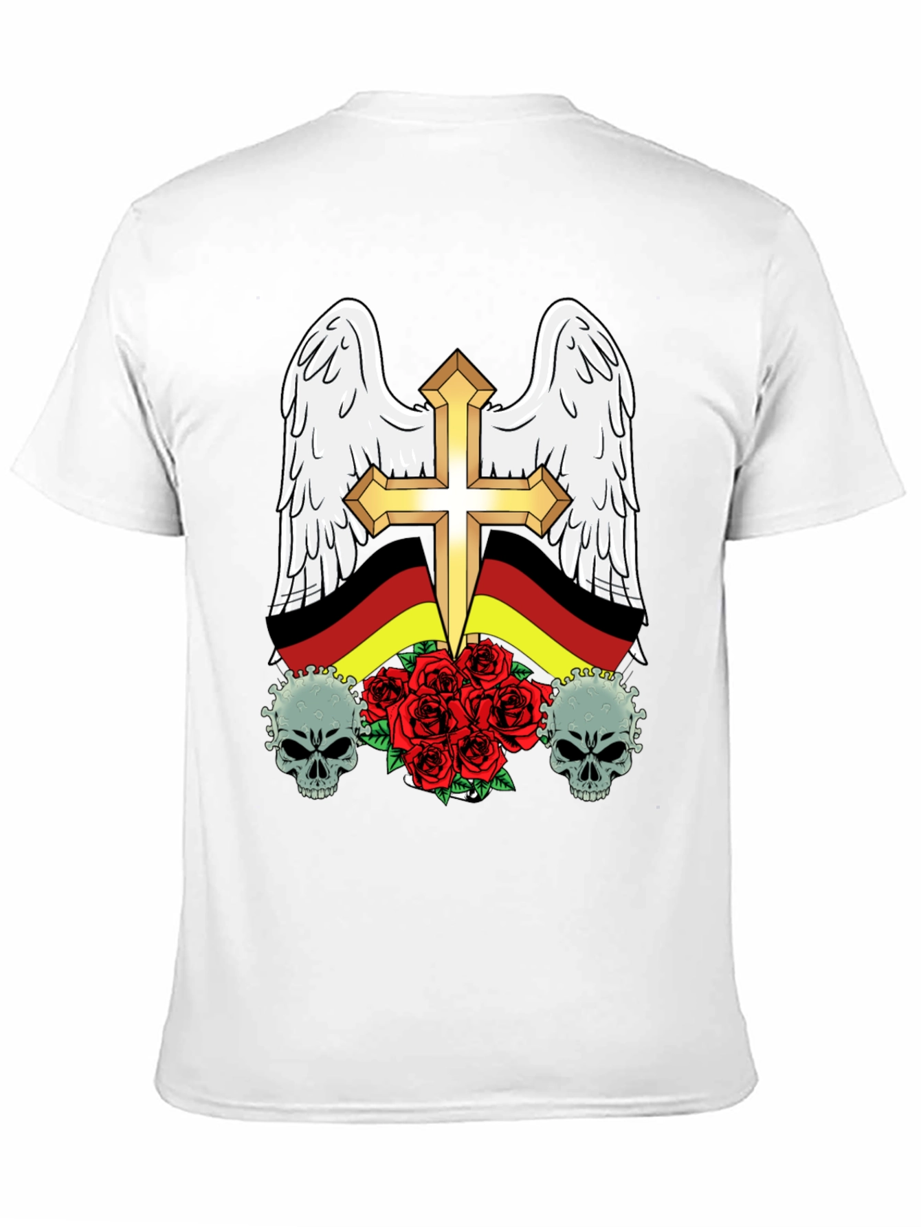Edgy German Flag Wings Cross Rose Skull T-Shirt