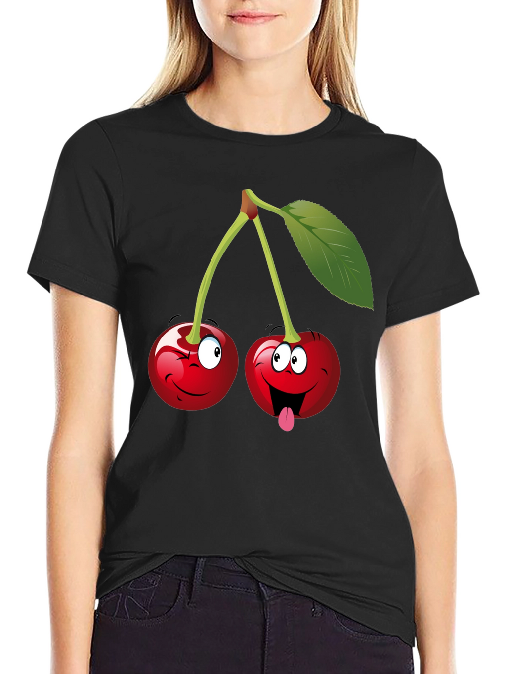 Funny Cartoon Cherry Graphic Tee - Black Cotton T-Shirt