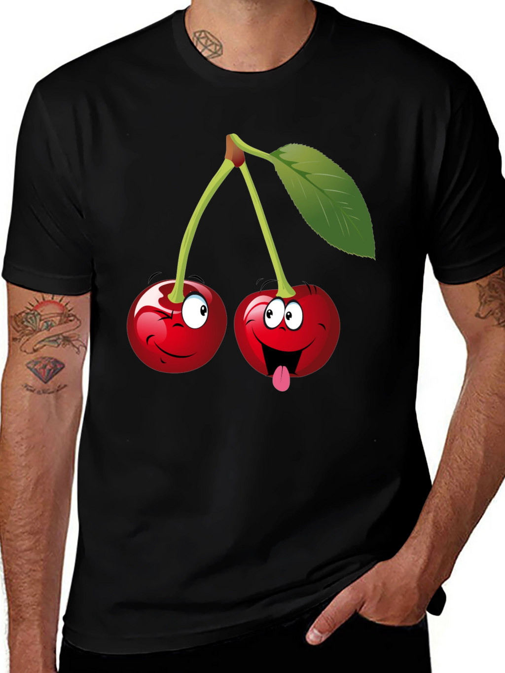 Funny Cartoon Cherry Graphic Tee - Black Cotton T-Shirt