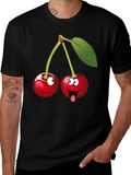 Funny Cartoon Cherry Graphic Tee - Black Cotton T-Shirt