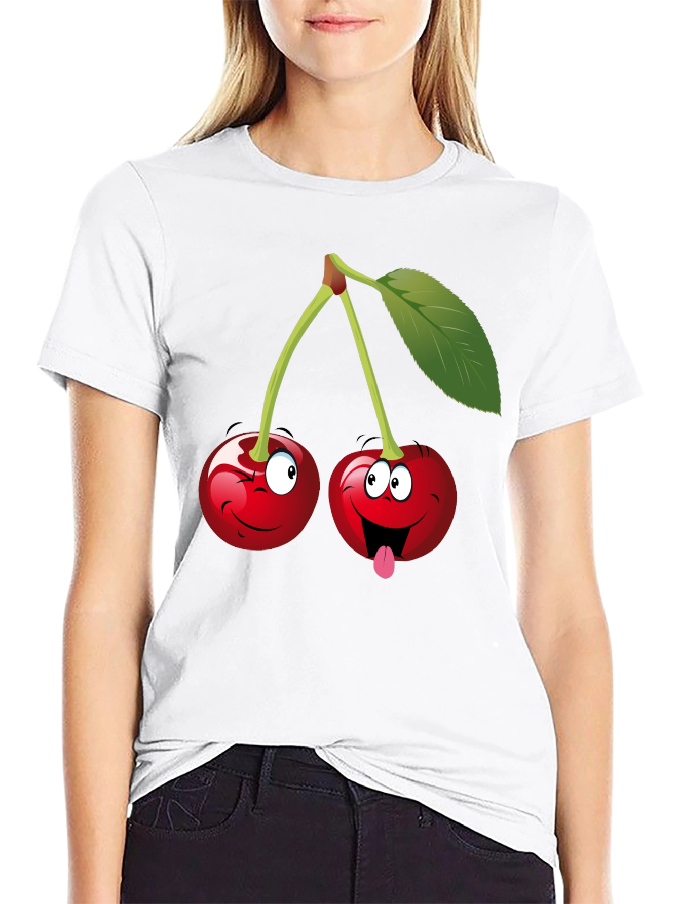 Funny Cartoon Cherry Graphic Tee - Black Cotton T-Shirt