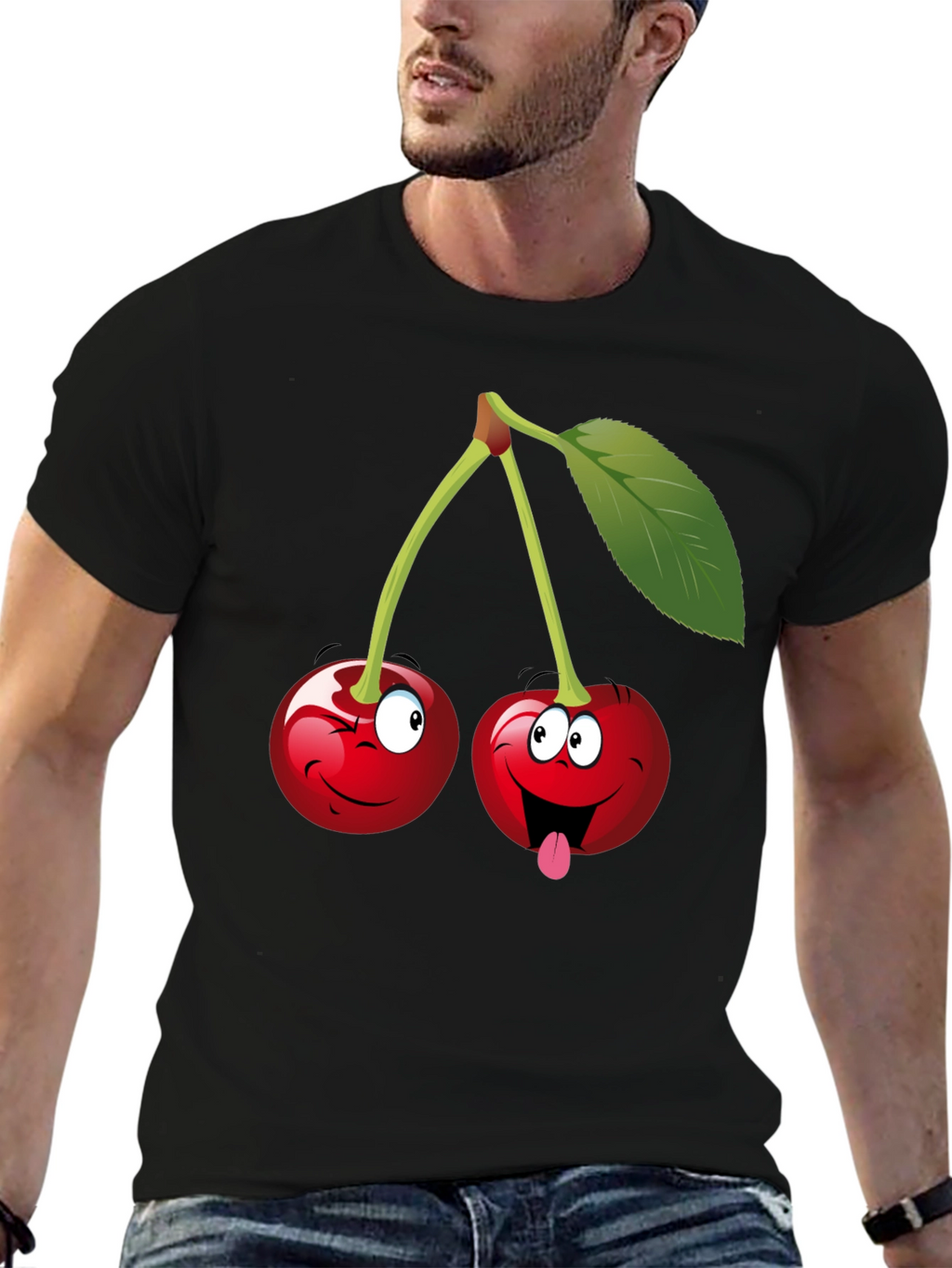 Funny Cartoon Cherry Graphic Tee - Black Cotton T-Shirt