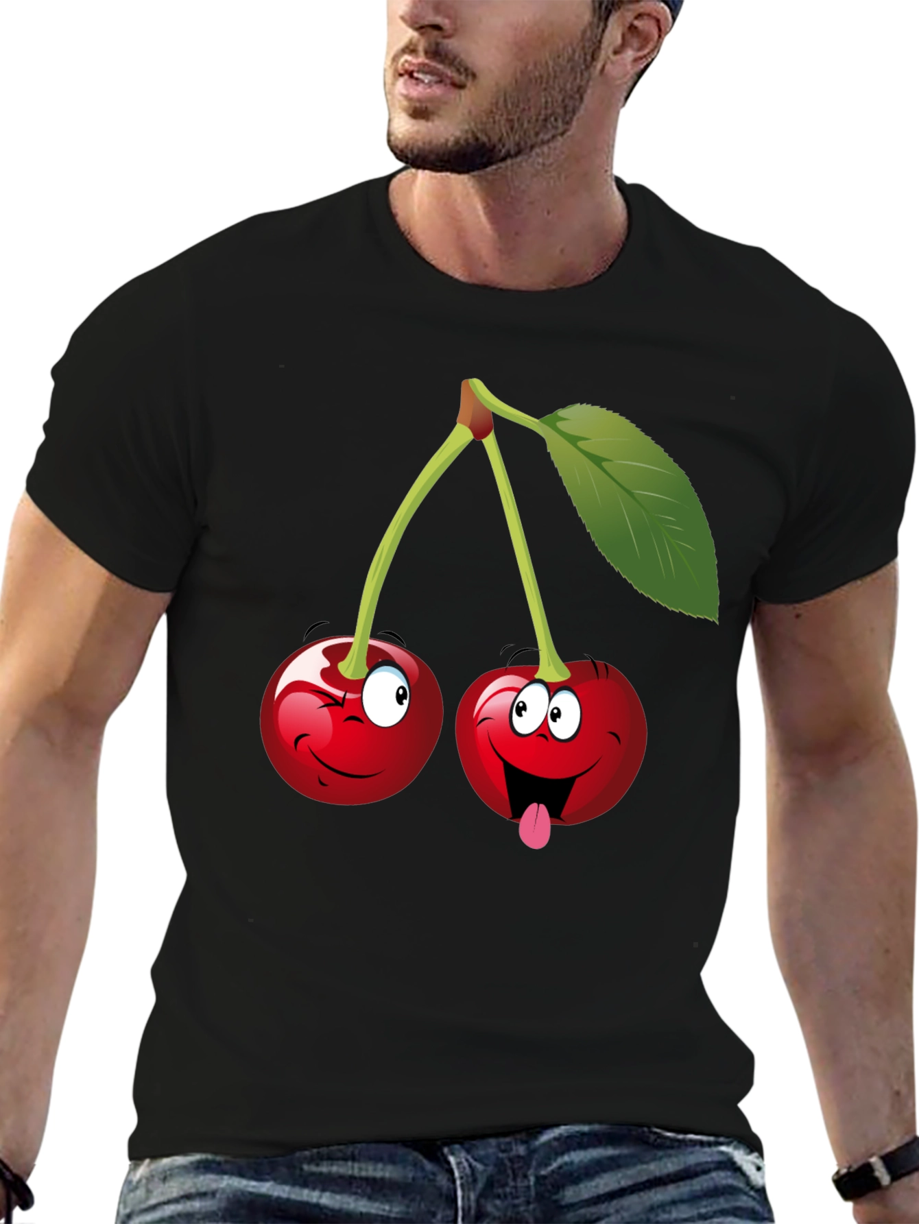 Funny Cartoon Cherry Graphic Tee - Black Cotton T-Shirt