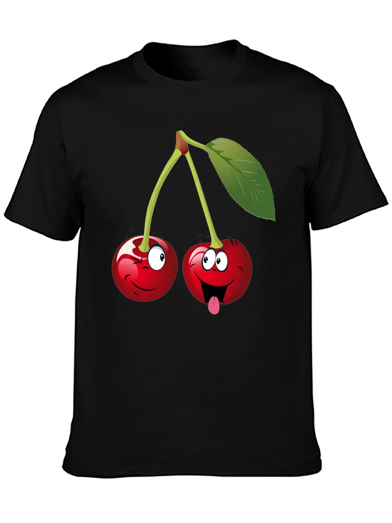 Funny Cartoon Cherry Graphic Tee - Black Cotton T-Shirt