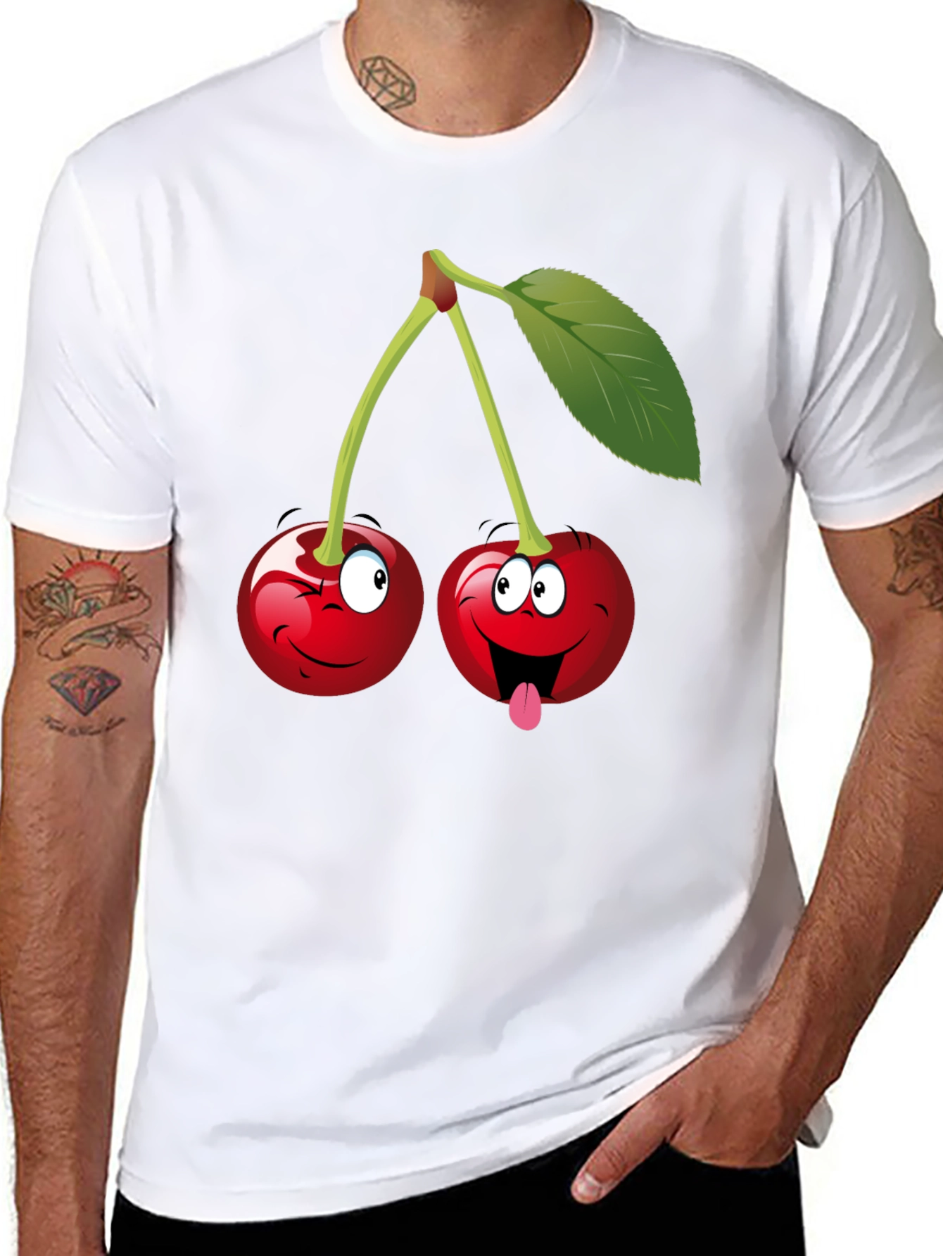 Funny Cartoon Cherry Graphic Tee - Black Cotton T-Shirt