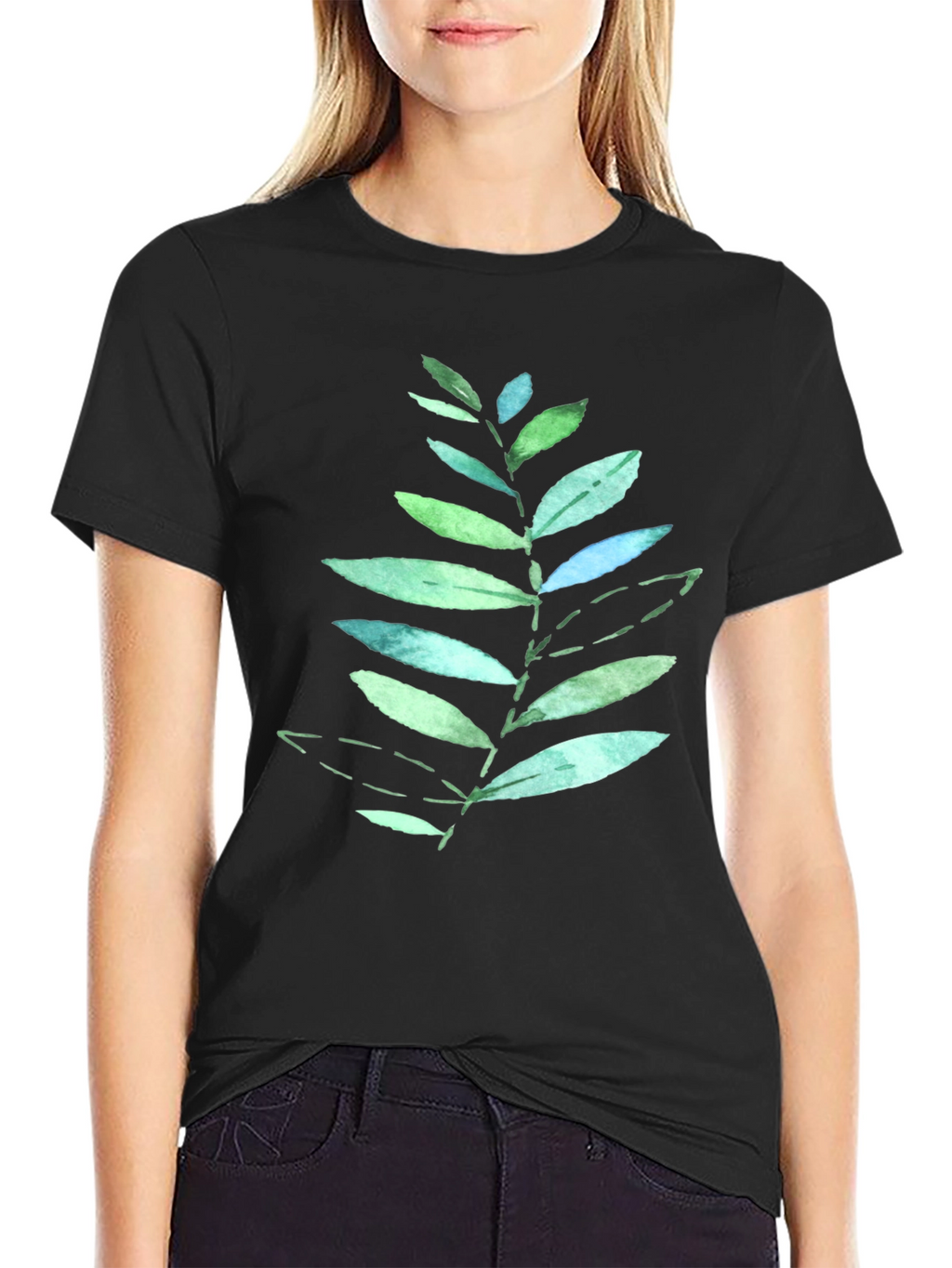 Leaf Print Black T-Shirt - Nature Inspired Design