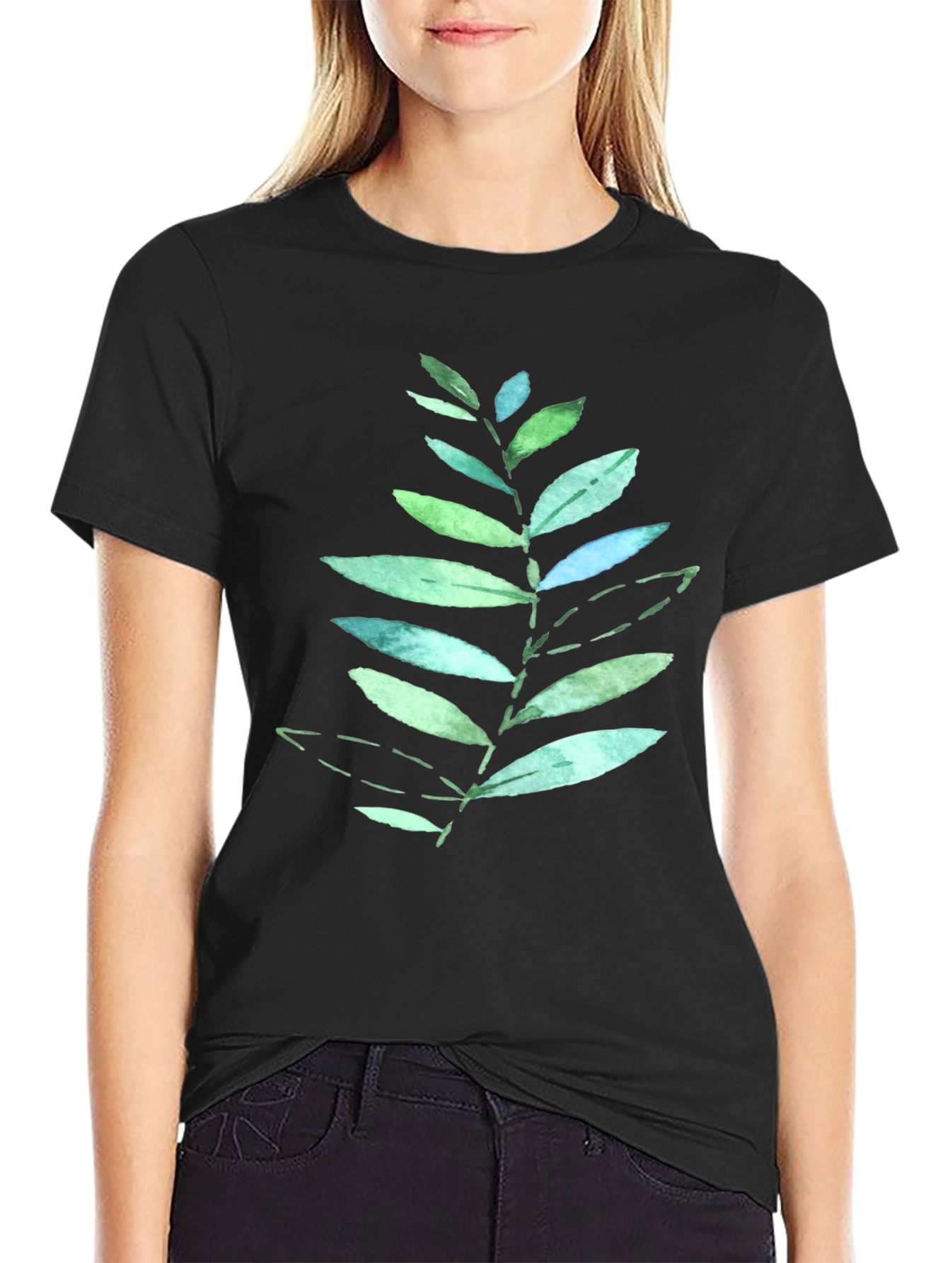 Leaf Print Black T-Shirt - Nature Inspired Design