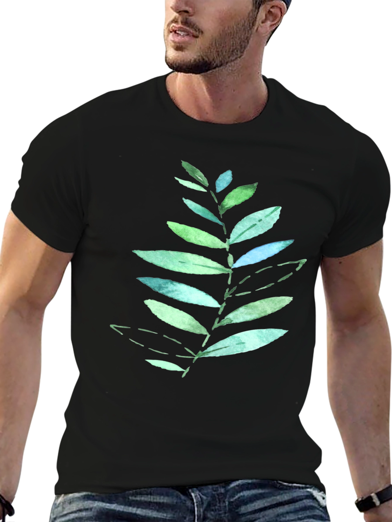 Leaf Print Black T-Shirt - Nature Inspired Design