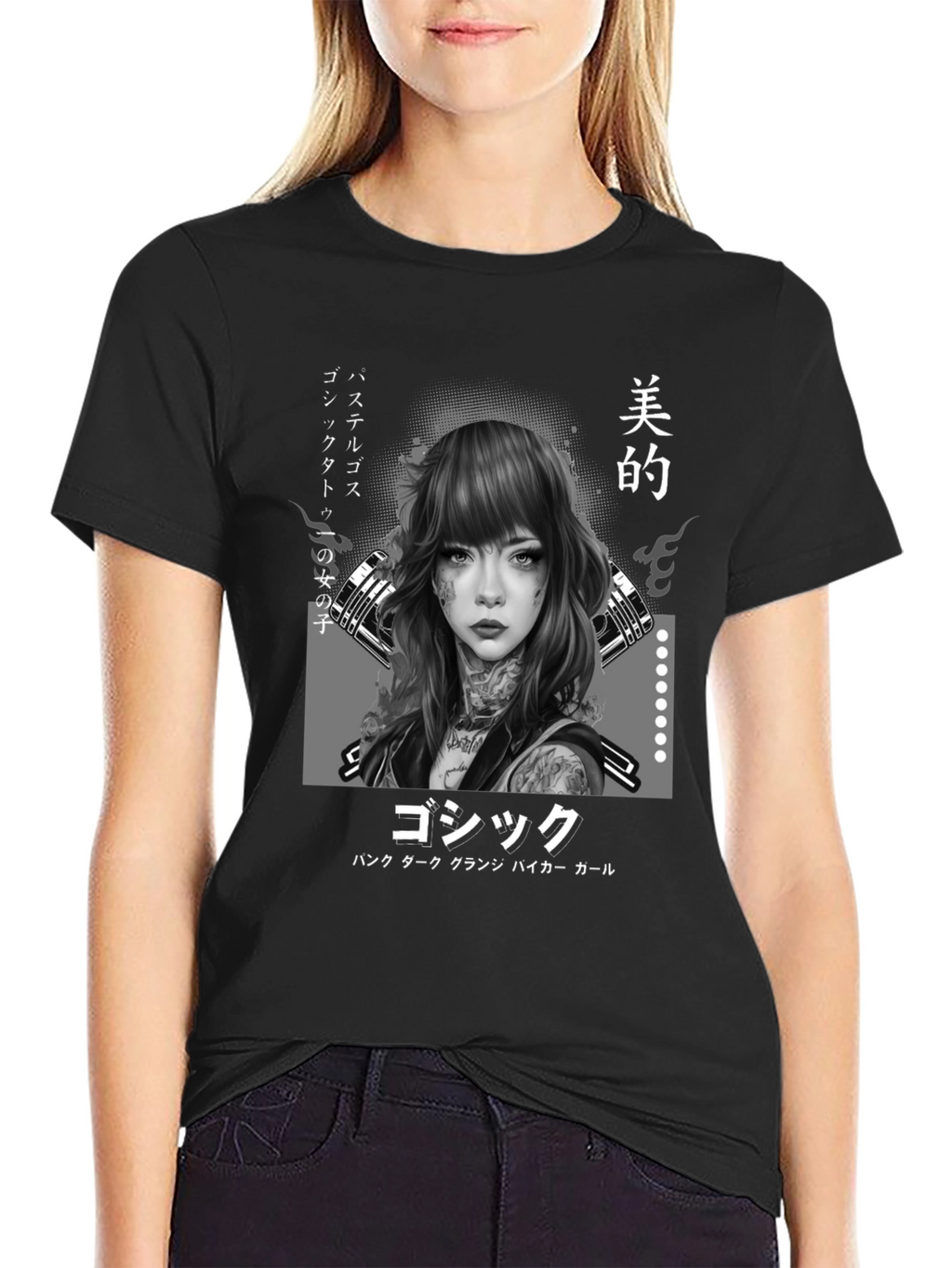 Gothic Japanese Girl Tattoo Art Black T-Shirt