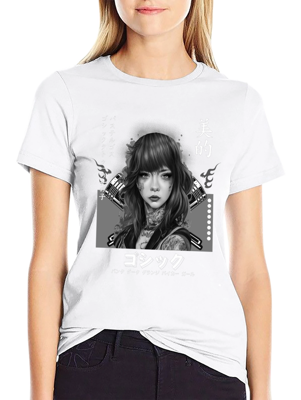Gothic Japanese Girl Tattoo Art Black T-Shirt
