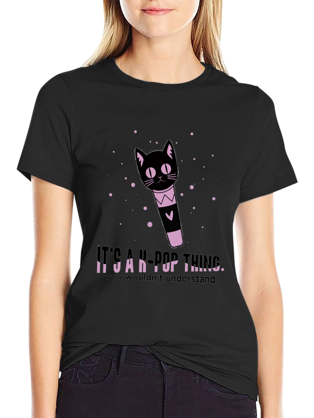K-Pop Thing Cat Lightstick Black T-Shirt