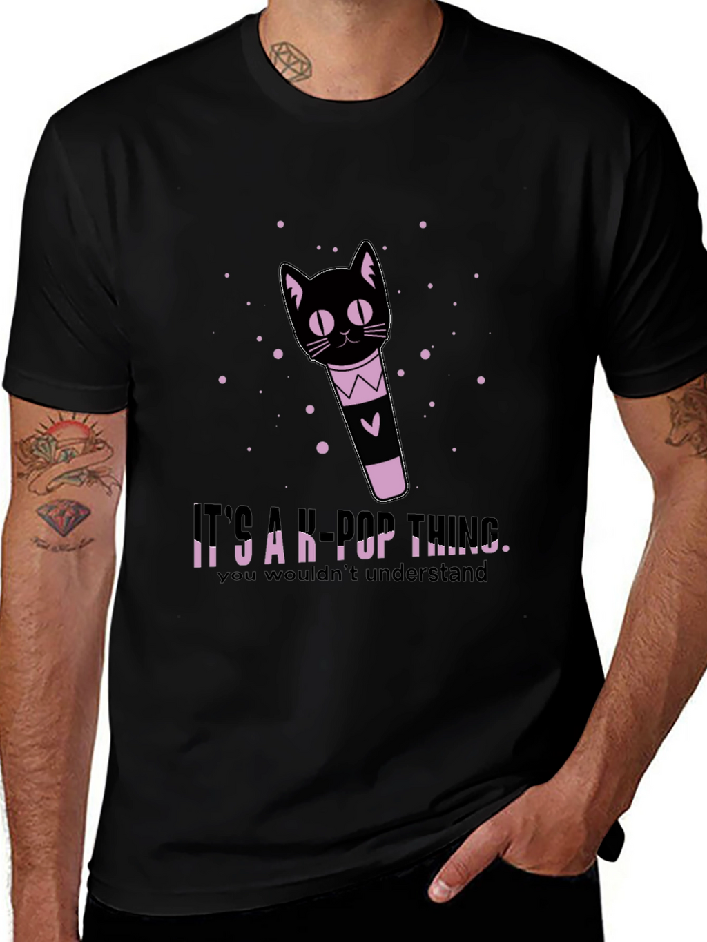 K-Pop Thing Cat Lightstick Black T-Shirt