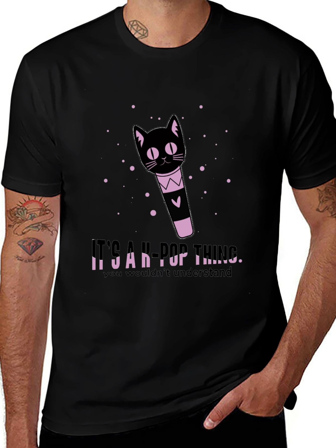 K-Pop Thing Cat Lightstick Black T-Shirt