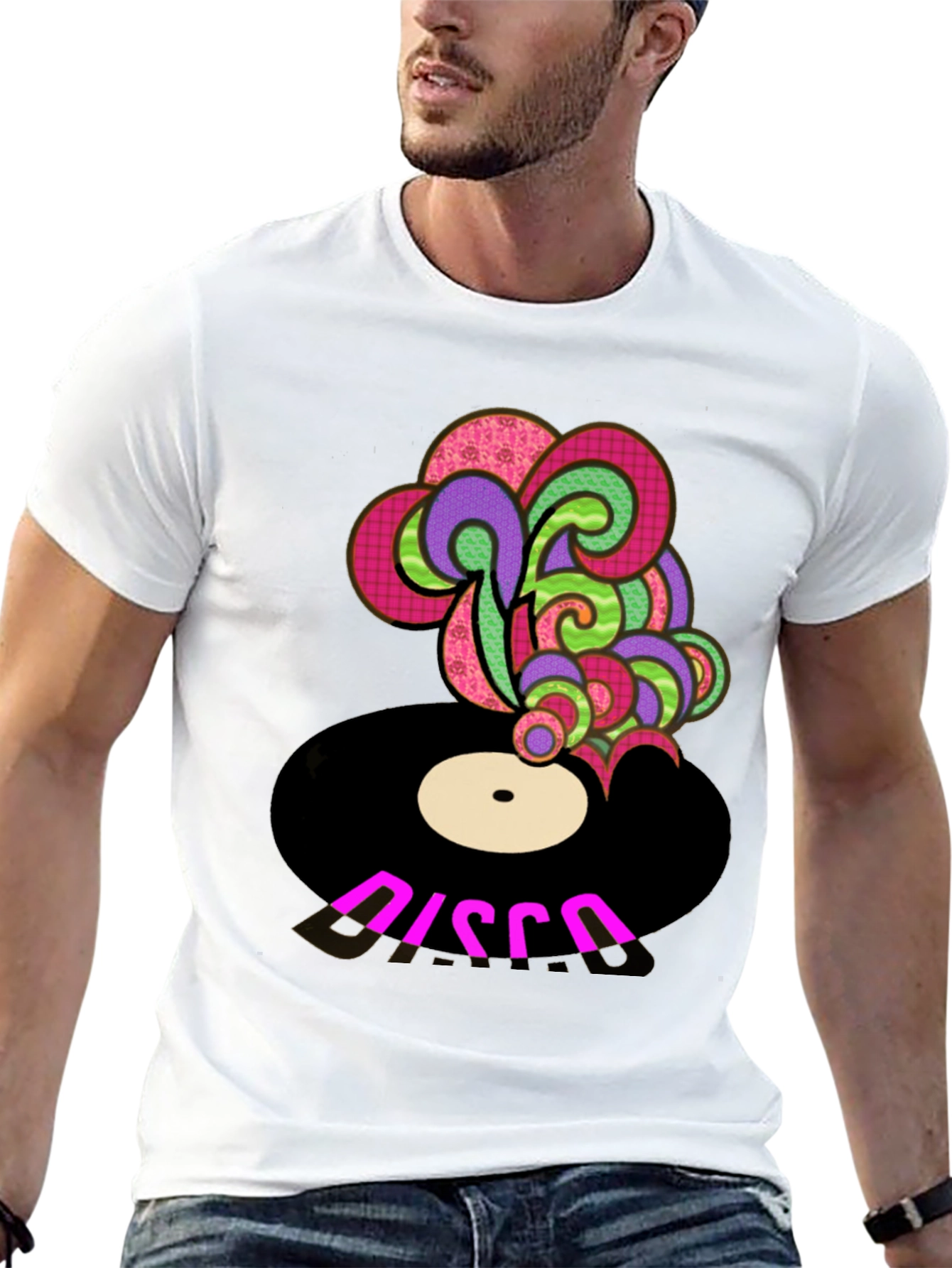 Retro Disco Record Graphic Tee - Black Cotton Blend