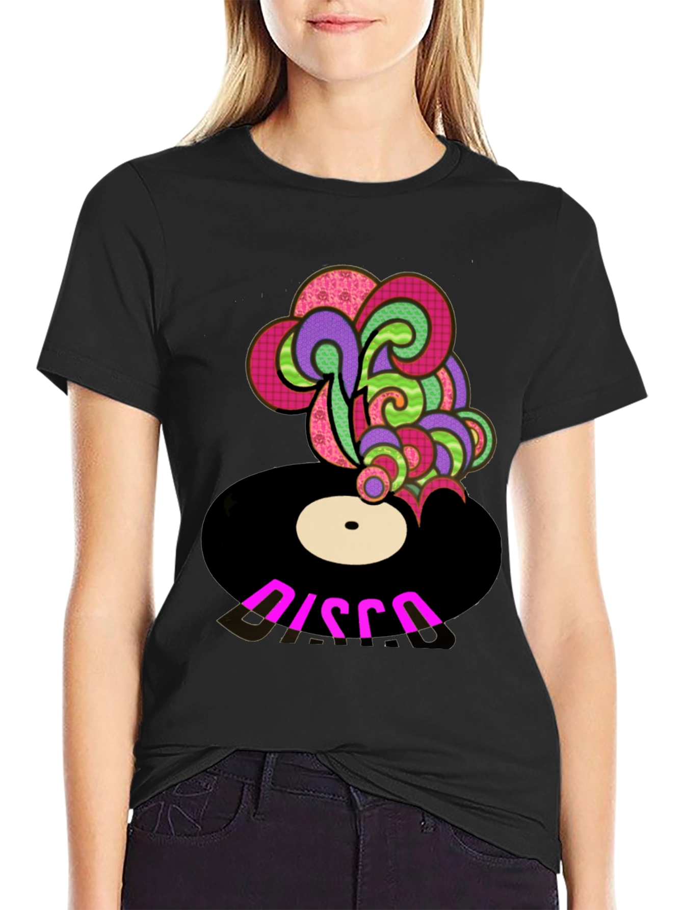 Retro Disco Record Graphic Tee - Black Cotton Blend