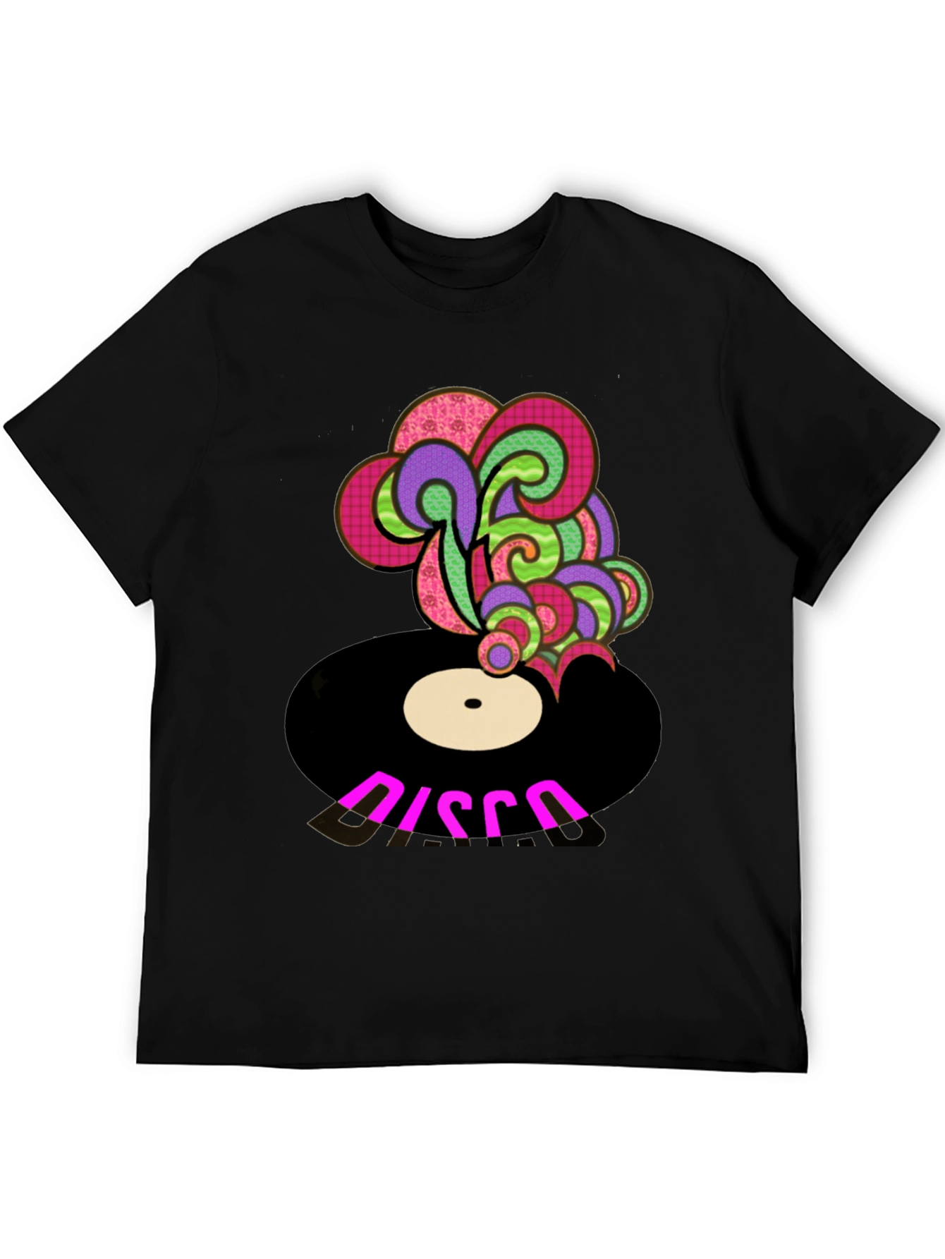 Retro Disco Record Graphic Tee - Black Cotton Blend