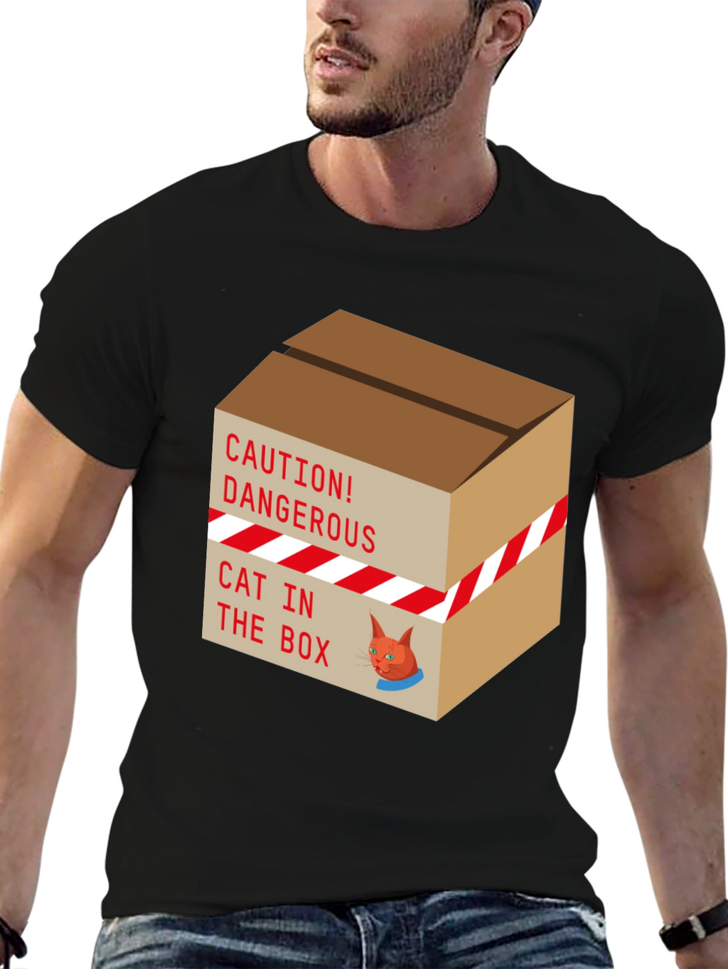Caution Cat In Box T-Shirt Funny Graphic Tee