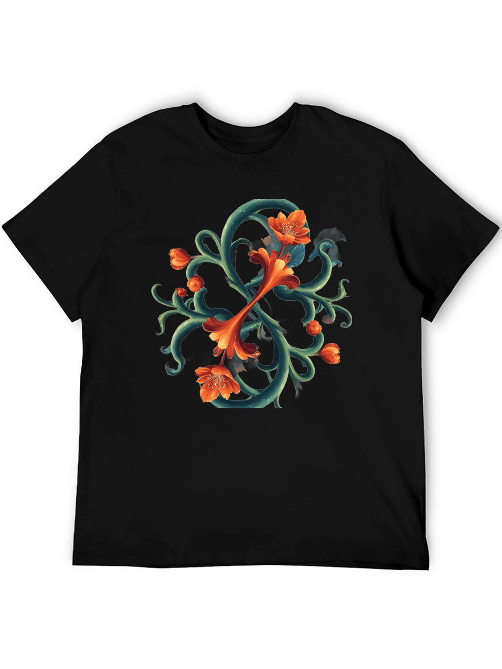 Floral Vines Graphic Tee - Black Cotton T-Shirt