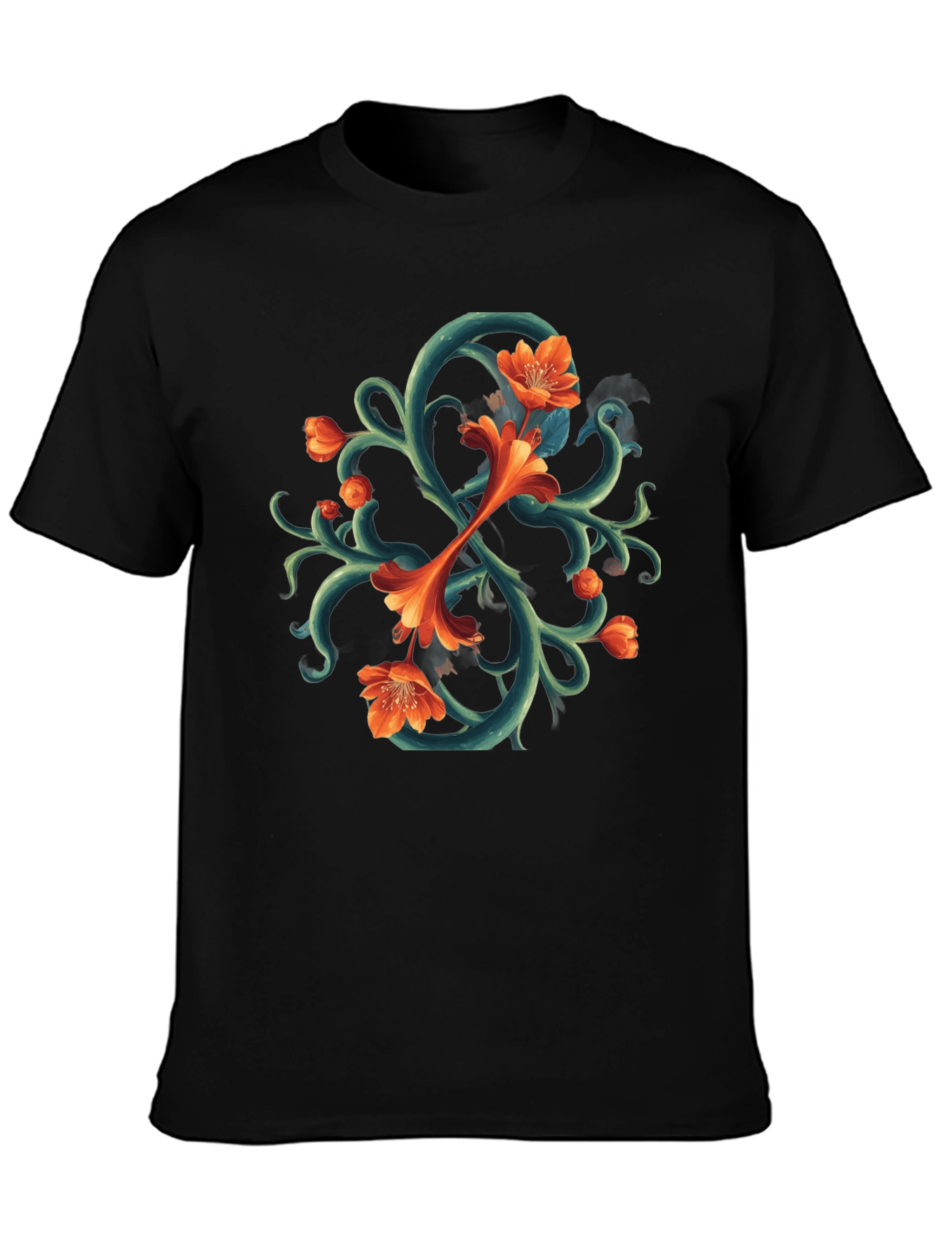 Floral Vines Graphic Tee - Black Cotton T-Shirt